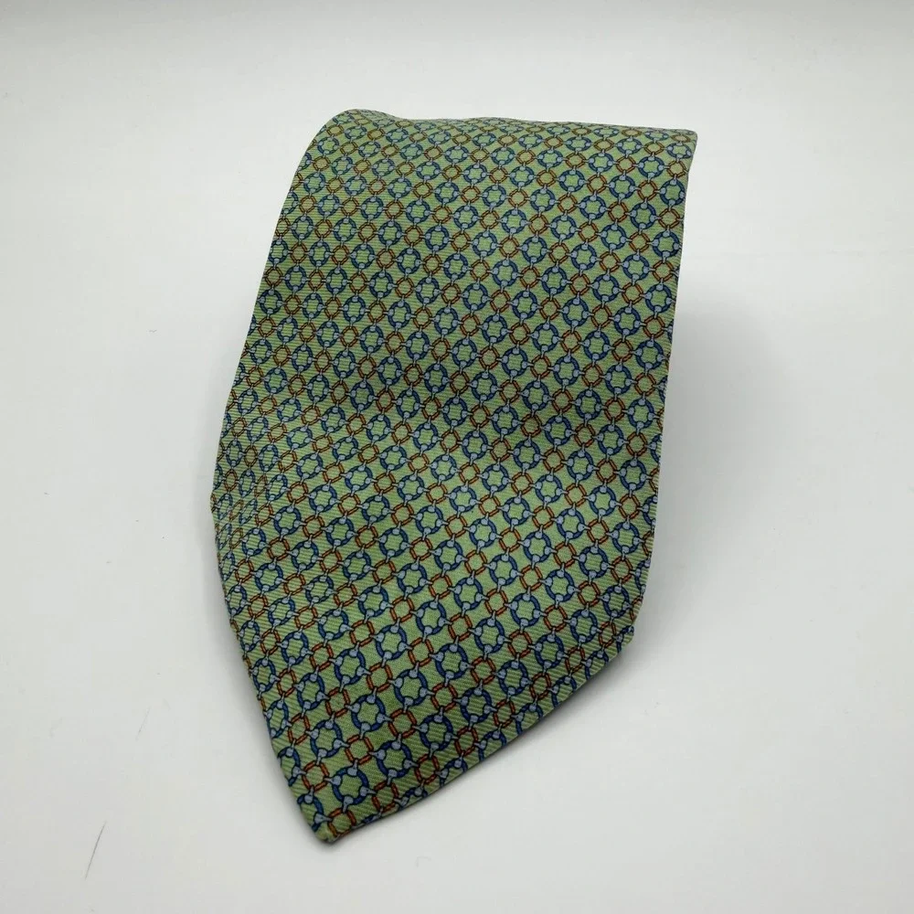 Brooks Brothers Tie Mens One Size Green Silk Geometric Makers Printed In Italy